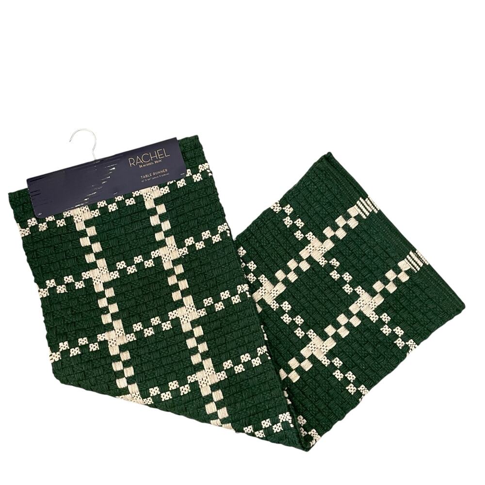 Rachel Roy Checkered Jute Table Runner 16x90 Christmas Holiday Green Cream New